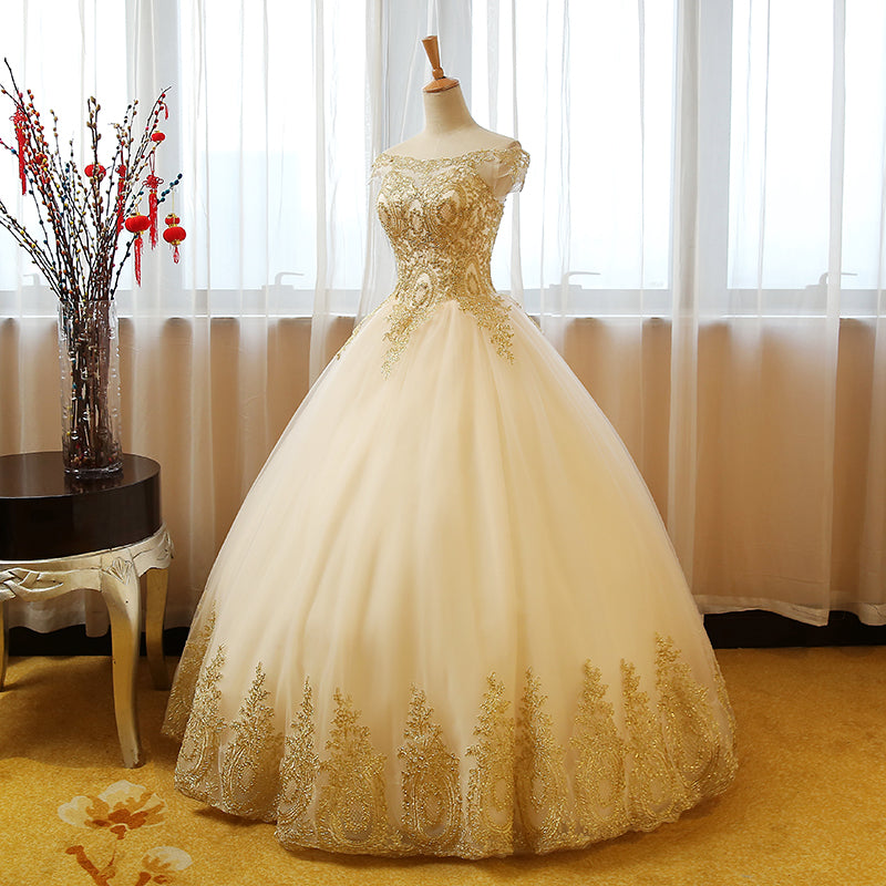 Beautiful Champagne with Gold Applique Long Party Dress, Sweet 16 Dres Cutedressy Beautiful Champagne with Gold Applique Long Party Dress, Sweet 16 Dres Cutedressy