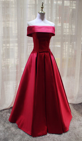 Red Satin Off Shoulder Handmade Long Formal Dress, Red Party Dress