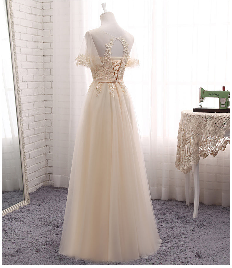 Cute Tulle and Lace Long Party Dress, A-line Tulle Short Sleeves Bridesmaid Dress