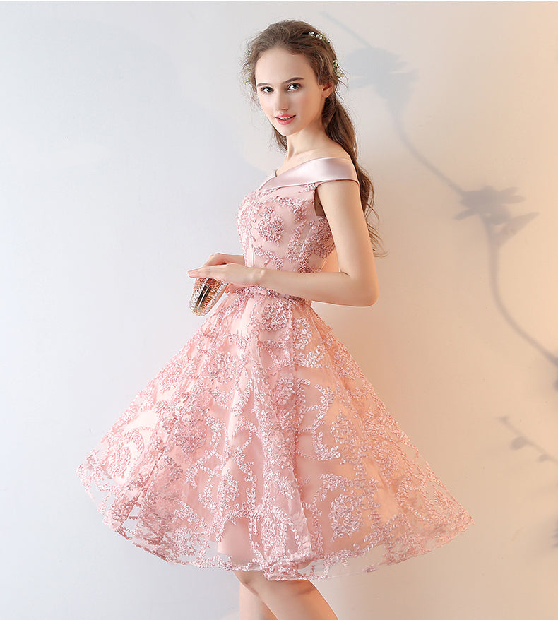 Pink Lace Off Shoulder Short Party Dress Homecoming Dress, Pink Prom D Cutedressy Pink Lace Off Shoulder Short Party Dress Homecoming Dress, Pink Prom D Cutedressy