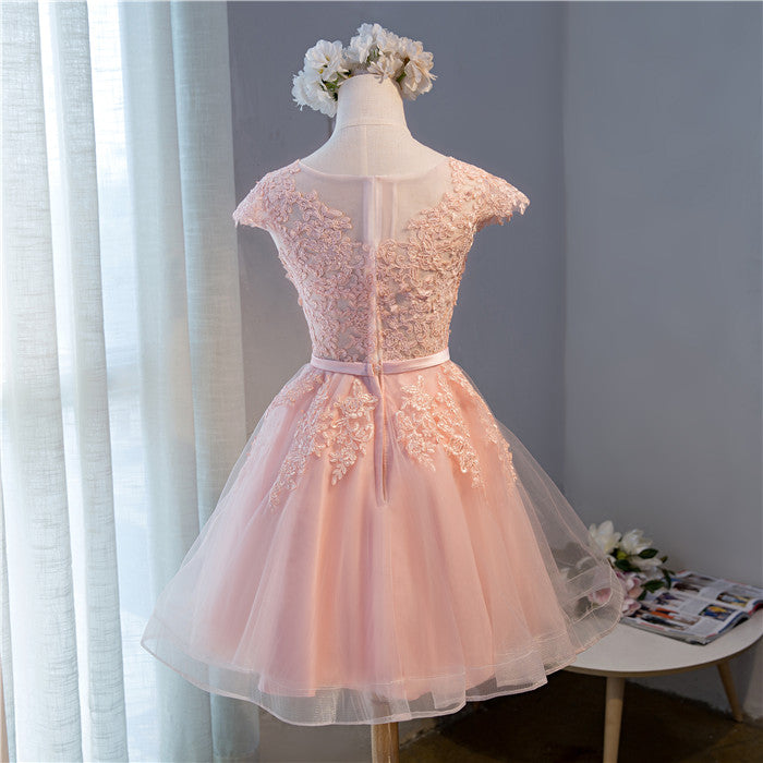 Pink Round Neckline Tulle Cute Knee Length Party Dress , Pink Party Dresses