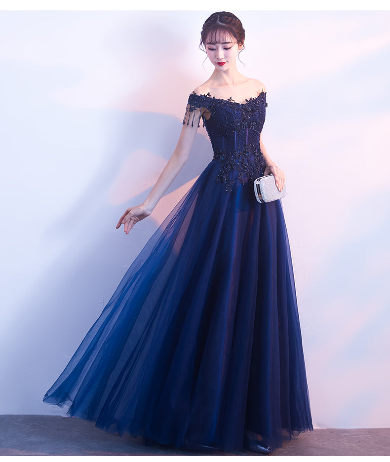 Navy Blue Tulle Long Party Dres with Lace Applique, Off Shoulder Long ...