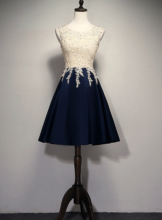Cute Navy Blue Short Prom Dress , Homecoming Dress with Lace Applique