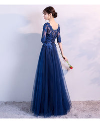 Navy Blue Lace and Tulle Lovely Round Neckline Party Dress, A-line Blue Prom Dress Bridesmaid Dress