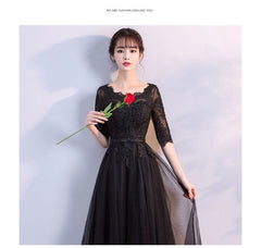 Navy Blue Lace and Tulle Lovely Round Neckline Party Dress, A-line Blue Prom Dress Bridesmaid Dress