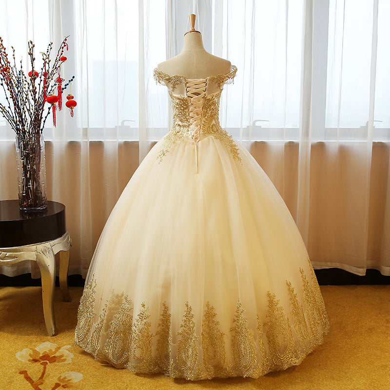 gold sweet 16 dresses Beautiful Champagne with Gold Applique Long Party Dress, Sweet 16 Dres – Cutedressy