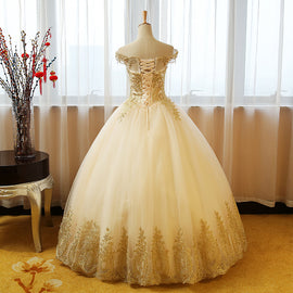 Beautiful Champagne with Gold Applique Long Party Dress, Sweet 16 Dresses