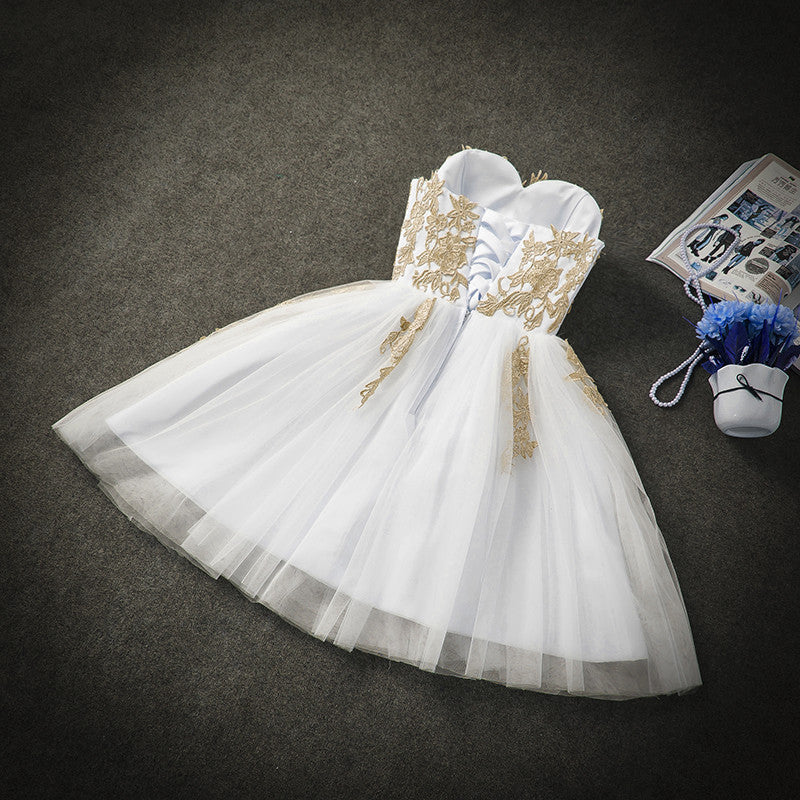 Cute White Tulle Party Dress with Gold Applique, Prom Dresses, Short P Cutedressy Cute White Tulle Party Dress with Gold Applique, Prom Dresses, Short P Cutedressy