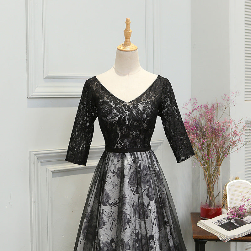 Charming Black Short Sleeves Lace Party Dress, Bridesmaid Dress