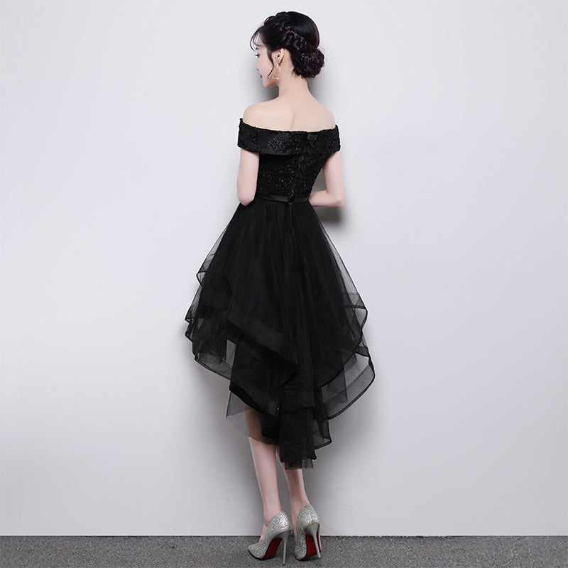 Black Off Shoulder Tulle and Lace High Low Homecoming Dress , Black Pr Cutedressy Black Off Shoulder Tulle and Lace High Low Homecoming Dress , Black Pr Cutedressy