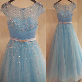 Charming Tulle Long Party Dress , Beaded A-line Formal Gown