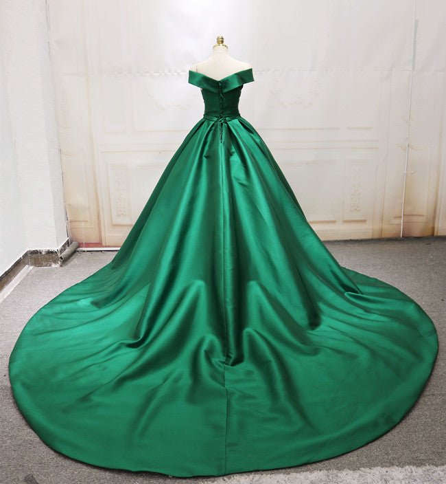 Green Satin Off Shoulder Long Formal Gown, Beautiful Party Dress, Floo ...