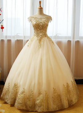 Beautiful Champagne with Gold Applique Long Party Dress, Sweet 16 Dresses