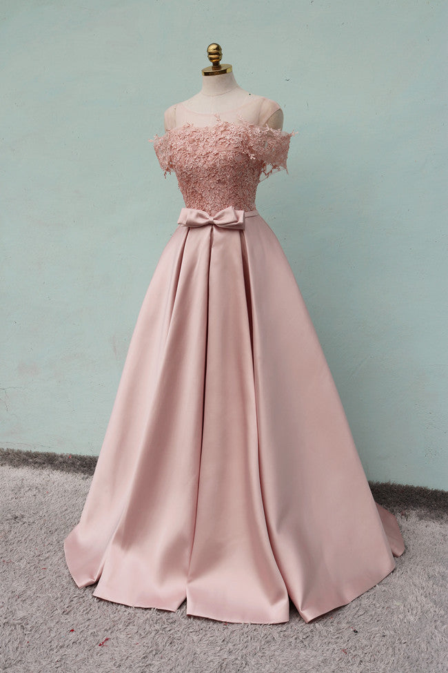 Pink Off Shoulder Satin Long with Lace Top Formal Dress, Elegant Party Dress New Style Prom