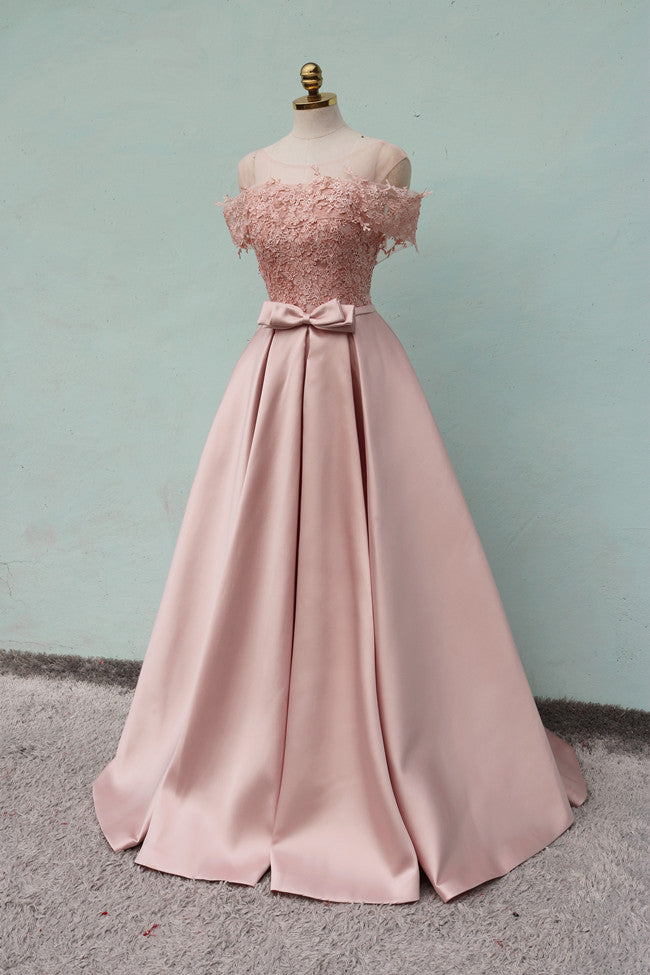 Pink Off Shoulder Satin Long with Lace Top Formal Dress, Elegant Party Cutedressy Pink Off Shoulder Satin Long with Lace Top Formal Dress, Elegant Party Cutedressy