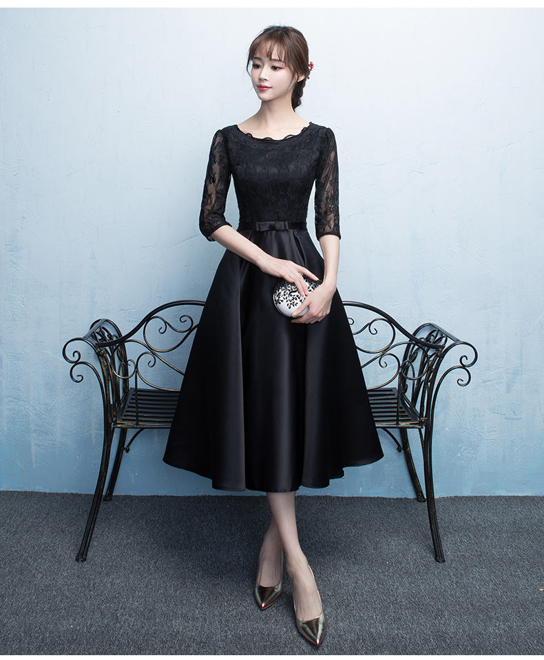 Black Satin Tea Length Party Dress, Black Prom Dress Cutedressy Black Satin Tea Length Party Dress, Black Prom Dress Cutedressy