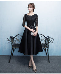 Black Satin Tea Length Party Dress, Black Prom Dress