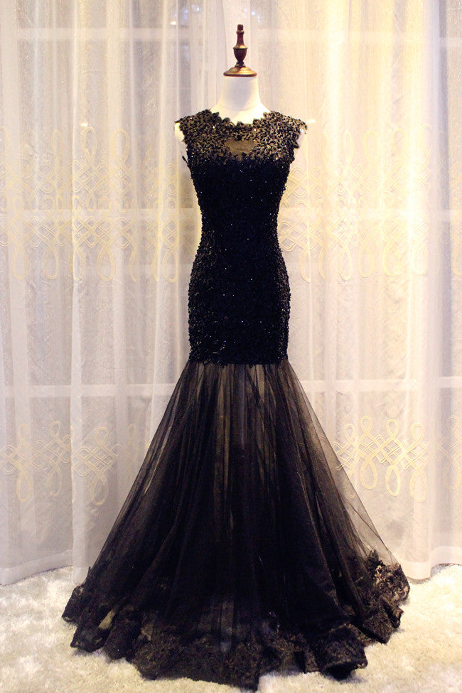 Gorgeous Black Mermaid Lace and Tulle Evening Gowns, Charming Lace Party Dresses