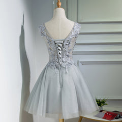 Beautiful Grey Tulle V-neckline Lace Applique Beaded Short Party Dress, Grey Homecoming Dresses