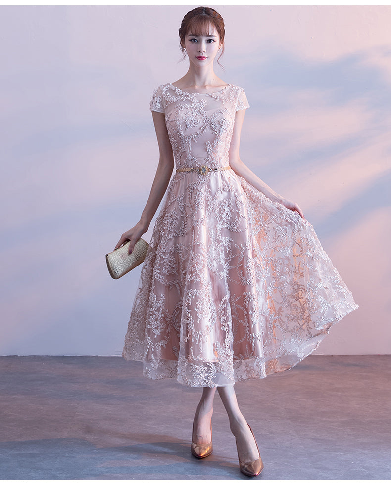 Fashionable Tea Length Lace Cap Sleeves Bridesmaid Dress, Lace Party Dress