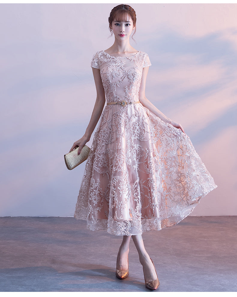 Fashionable Tea Length Lace Cap Sleeves Bridesmaid Dress, Lace Party D