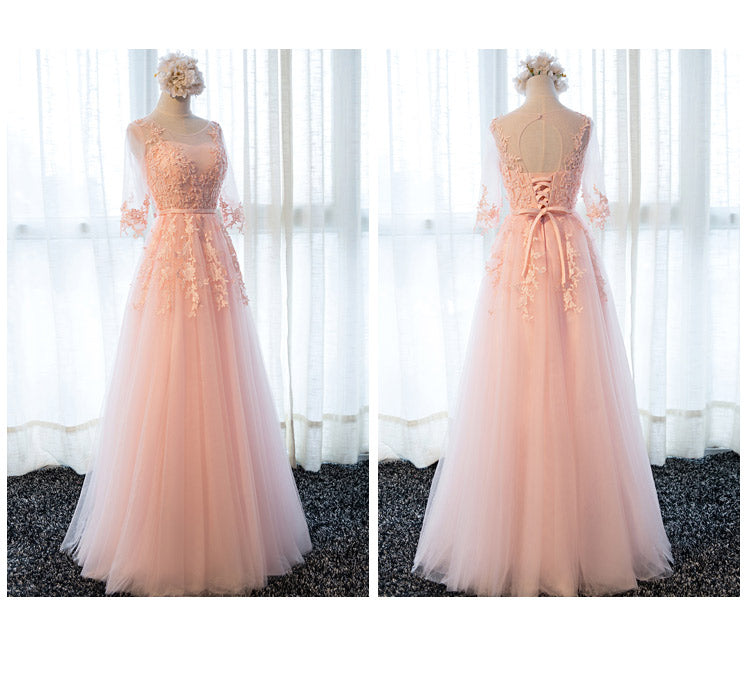 Beautiful Pink Tulle 1/2 Sleeves with Lace Applique Bridesmaid Dress, Long Prom Dress