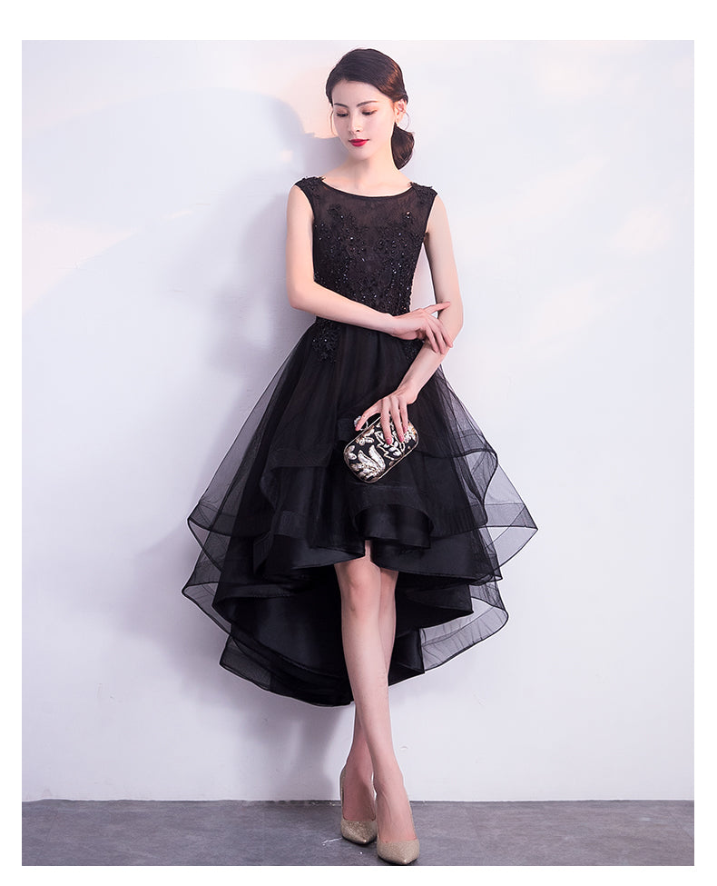 Black High Low Tulle Round Neckline Lace Homecoming Dress, Black Short Cutedressy Black High Low Tulle Round Neckline Lace Homecoming Dress, Black Short Cutedressy