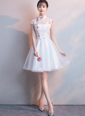 White Lace and Tulle High Neckline Short Graduation Dresses, Lovely White Short Party Dresses