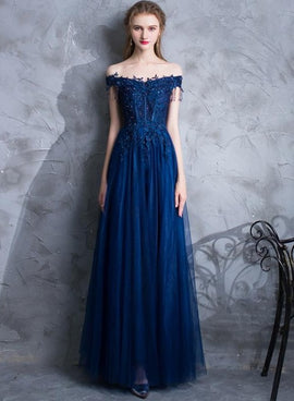 Navy Blue Tulle Long Party Dres with Lace Applique, Off Shoulder Long Prom Dress Formal Dress