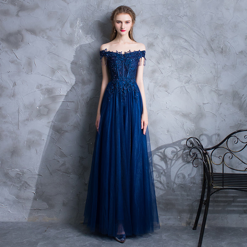 Navy Blue Tulle Long Party Dres with Lace Applique, Off Shoulder Long Prom Dress Formal Dress