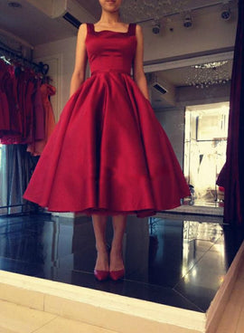 Dark Red Tea Length Satin Evening Party Dress, Formal Dress