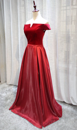 Red Velvet and Satin Long Off Shoulder Formal Dress, Beautiful Prom Dress