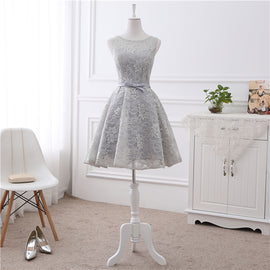Cute Short Grey Lace Briesmaid Dress, Knee Length Homecoming Dress Short Prom Dress