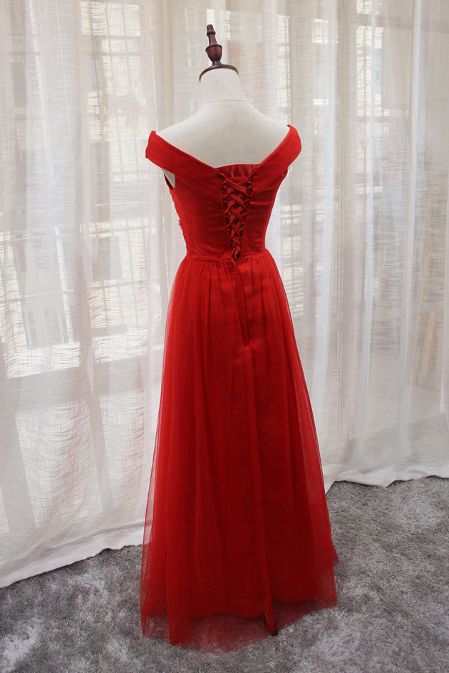 Red Tulle Off Shoulder Simple Bridesmaid Dress , Charming Formal Dress A-line Red Gown