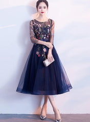 Navy Blue Lace Floral Tulle Tea Length Wedding Party Dress, Blue Formal Dress