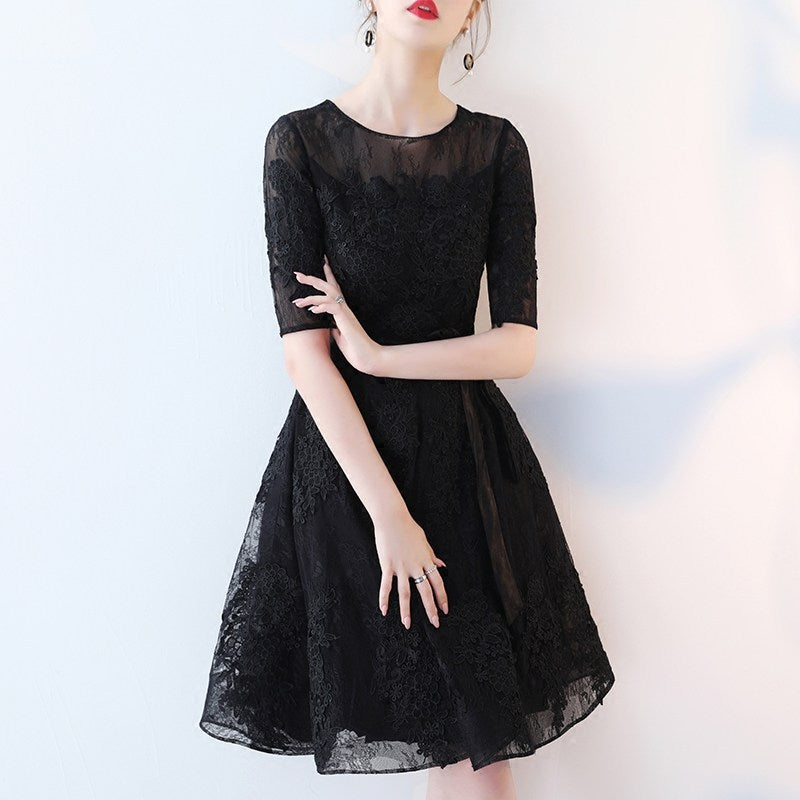 Cute Black Lace Short Sleeves Party Dress, Black Lace Homecoming Dress Cutedressy Cute Black Lace Short Sleeves Party Dress, Black Lace Homecoming Dress Cutedressy