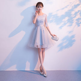 Light Grey Short Sleeves Tulle with Lace Party Dress, Bridesmaid Dress