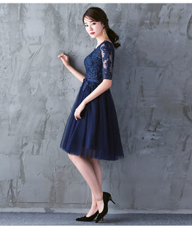 Navy Blue Lace Short Sleeves Tulle Short Homecoming Dress, Blue Tulle Prom Dress Formal Dress