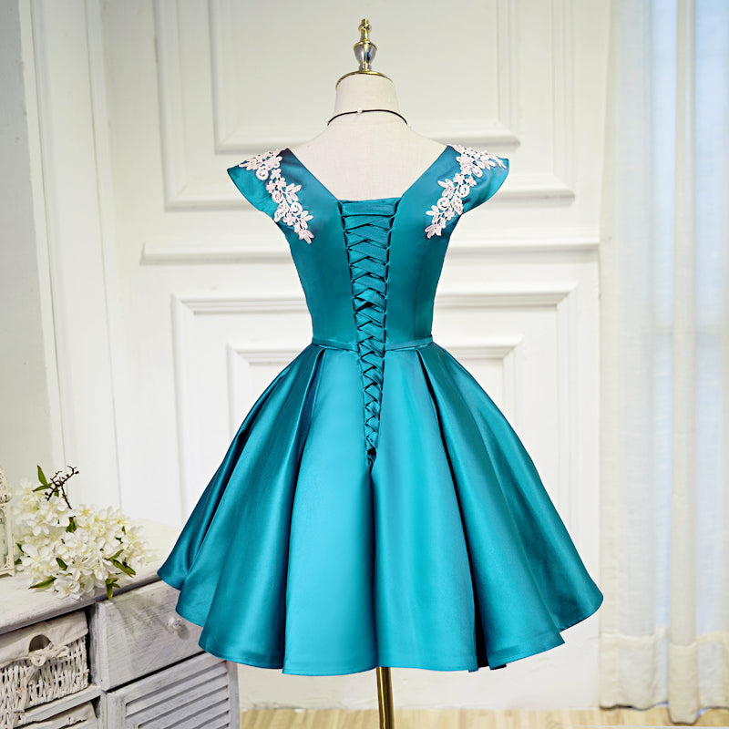 Teal Blue Satin Short Party Dress with White Lace, Blue Homecoming Dre Cutedressy Teal Blue Satin Short Party Dress with White Lace, Blue Homecoming Dre Cutedressy