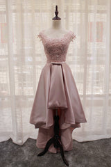 Beautiful Light Pink Round Neckline High Low Lace and Satin Prom Dress, Pink Homecoming Dresses