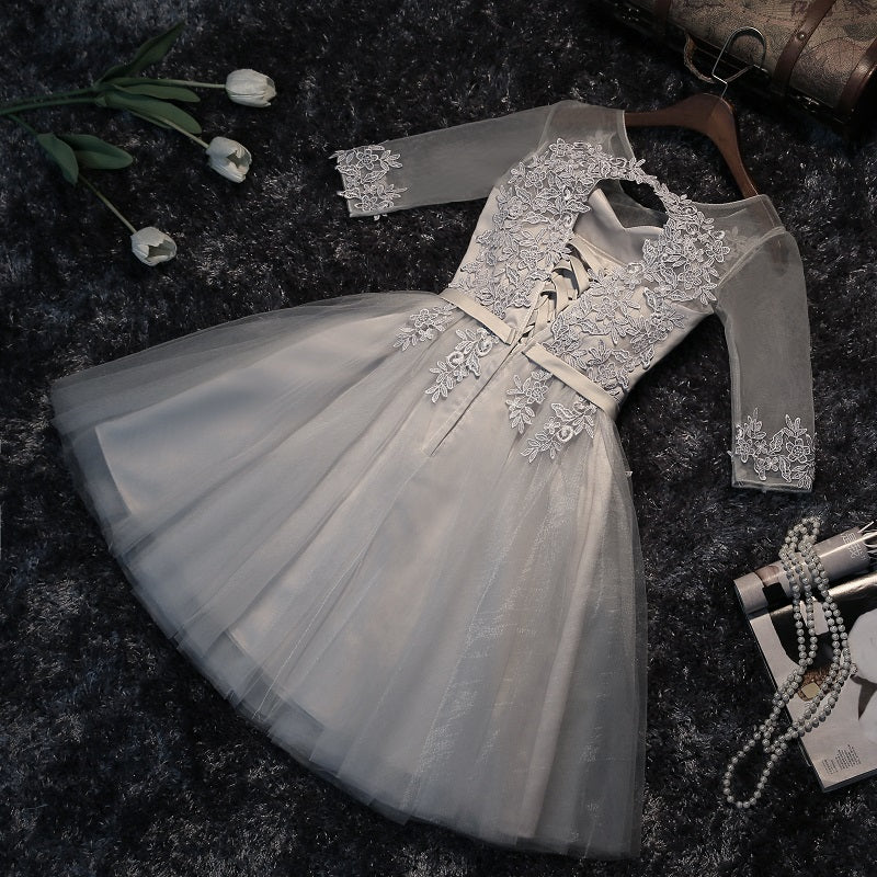Grey Short Sleeves Bridesmaid Dresses, Grey Short Prom Dress