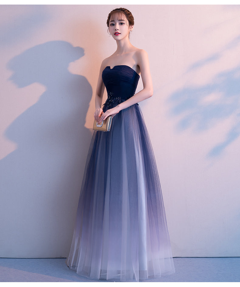 Blue Tulle Gradient Long Evening Dress Party Dress, A-line Tulle Bridesmaid Dresses