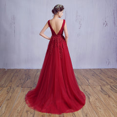 Fashionable Wine Red V Back Tulle Long Party Dress, A-line Prom Dress