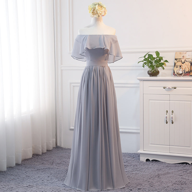 Beautiful Light Grey Chiffon Off Shoulder Party Dress, Long Grey Bride Cutedressy Beautiful Light Grey Chiffon Off Shoulder Party Dress, Long Grey Bride Cutedressy
