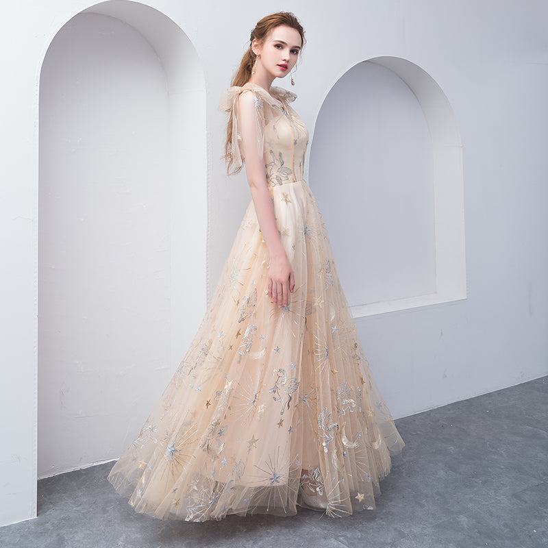 Light Champagne Lovely A-line Floor Length Party Dress, Cute Tulle Bri – Cutedressy