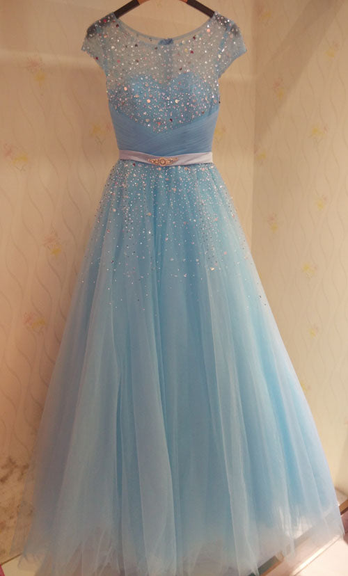 Charming Tulle Long Party Dress , Beaded A-line Formal Gown