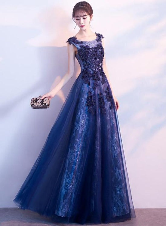 Beautiful A-line Tulle Long Party Dress with Lace Applique, Long Evening Dresses Formal Dress