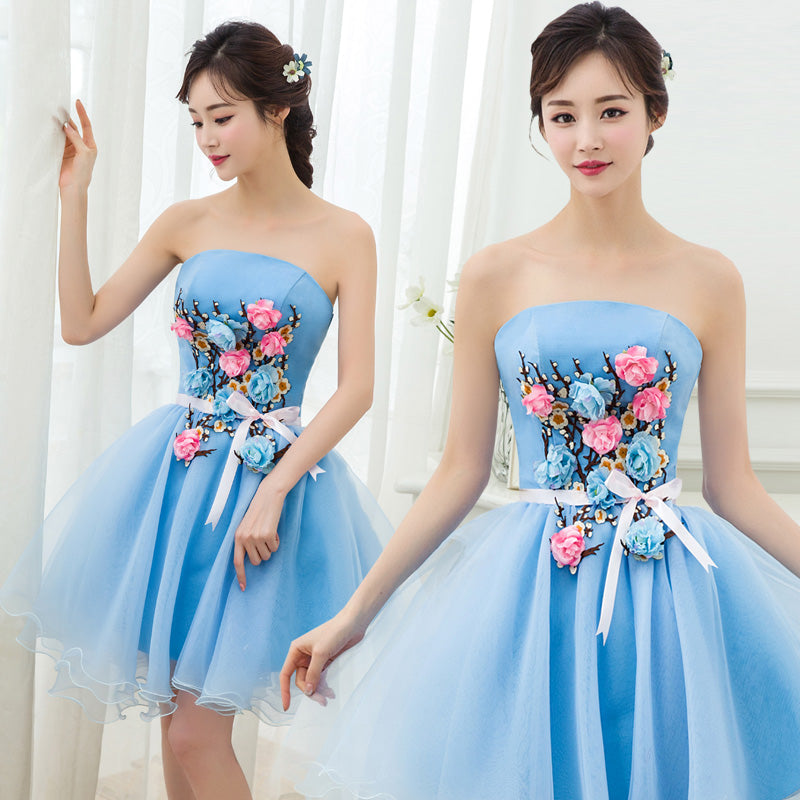 Lovely Blue Organza Short Party Dress with Flowers, Blue Homecoming Dress