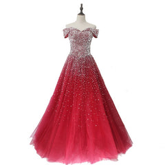 Red Tulle Beaded Off the Shoulder Long Party Gown, Red Formal Dresses