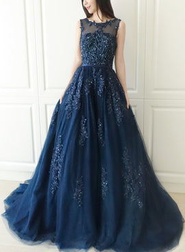 Navy Blue Tulle Beaded and Lace Applique Long Formal Gown, Elegant Prom Dress, Junior Party Gowns